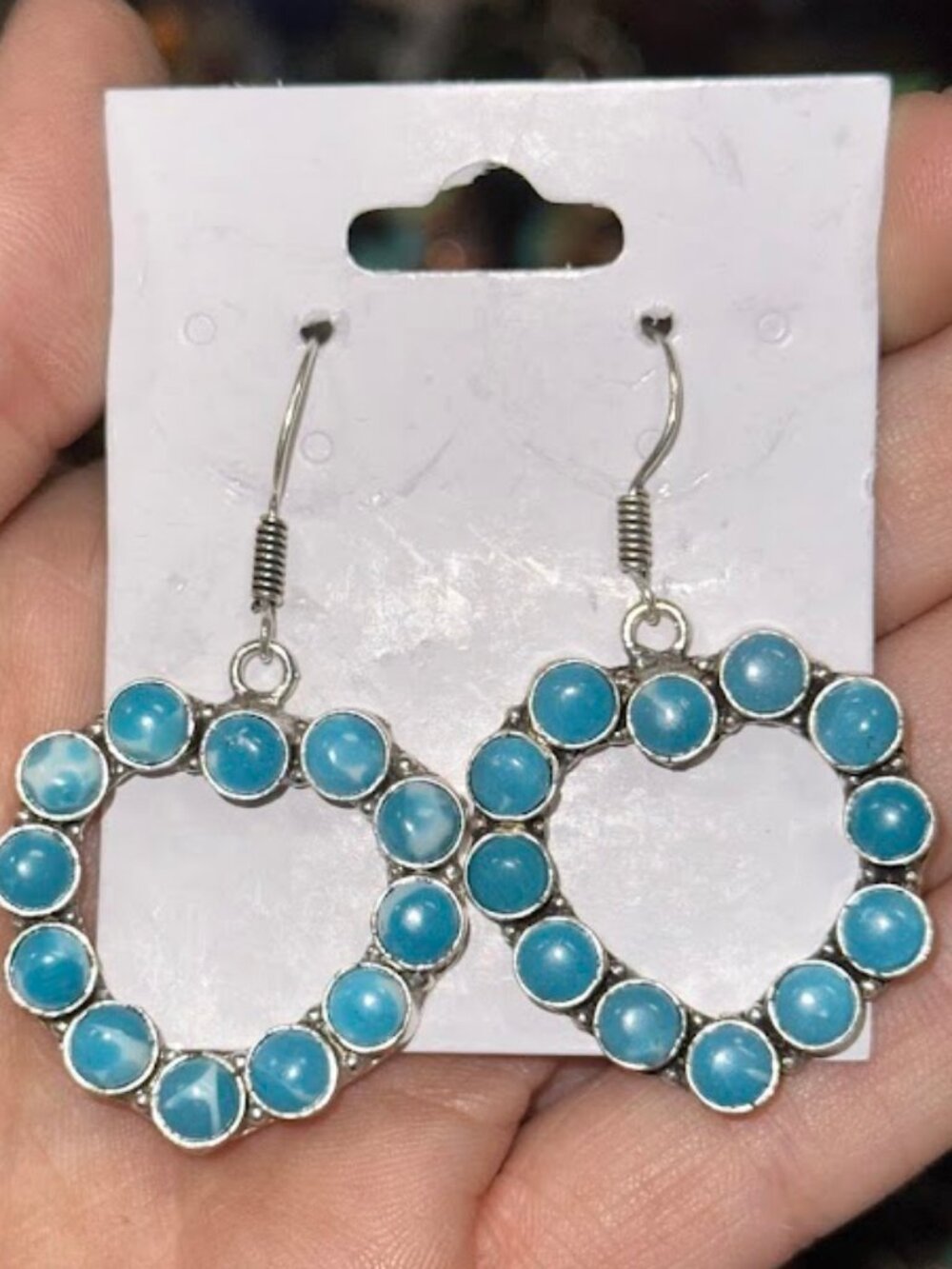 New Blue Larimar Heart Sterling Overlay Dangle Earrings 2"